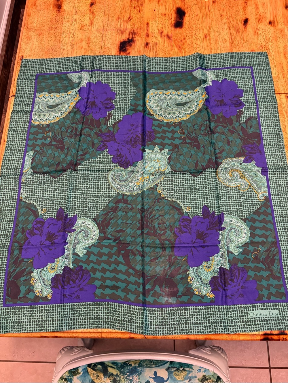 Christian Dior Green Violet Blue Paisley Floral Houndstooth 100% Silk Scarf 30"